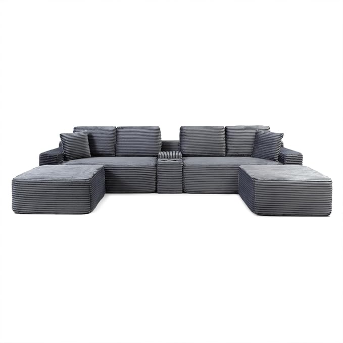 125 Oversized U-Shaped Cloud Sectional Couch 6-Seater Modular Sectional Sofa with USB Ports/Storge Console/Cup Holder Modern Deep Seat Corduroy Boneless Couch for Living Room No Assembly Gray