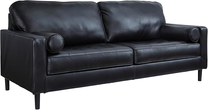 Signature Design by Ashley Bryceview Contemporary Leather Match Tufted Sofa with 2 Bolster Pillows Black