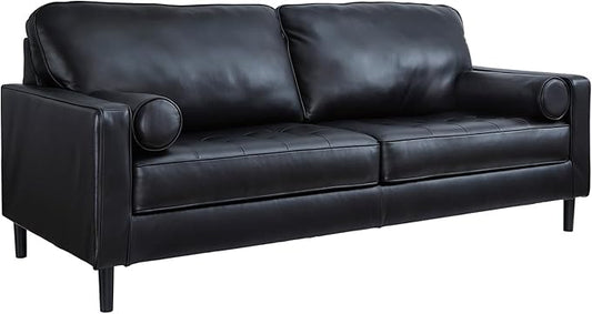 Signature Design by Ashley Bryceview Contemporary Leather Match Tufted Sofa with 2 Bolster Pillows Black