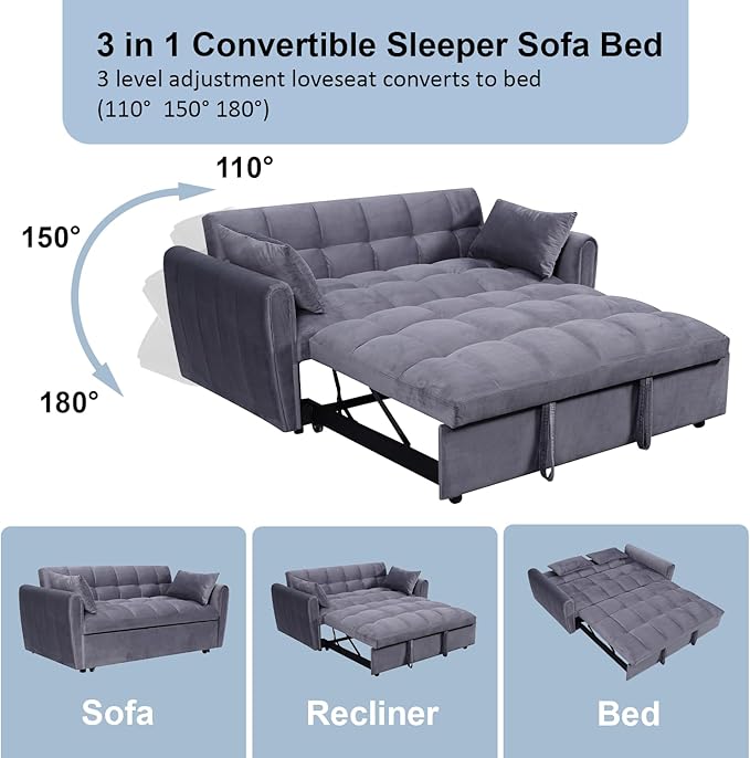 64.9 Velvet Convertible Sofa Bed 3-in-1 Sleeper Loveseat with Adjustable Backrest &amp Storage Pocket Modern Futon for Small Spaces Apartment Living Room Office (Grey)