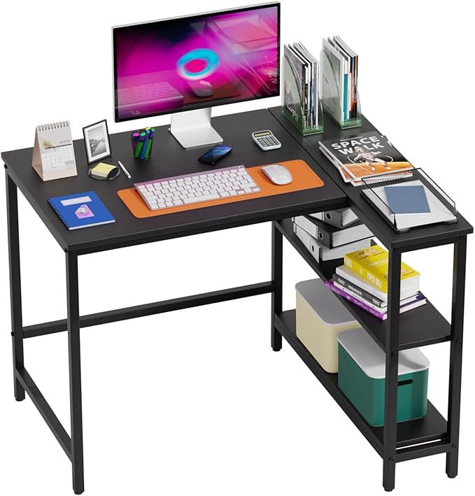 FDW L-Shaped Gaming Desk 39 Inch Computer Desk Corner Desks with Reversible Side Storage Shelves Study Desk Metal Frame PC Work Table for Home Office Dorm Sturdy Writing Workstation Black