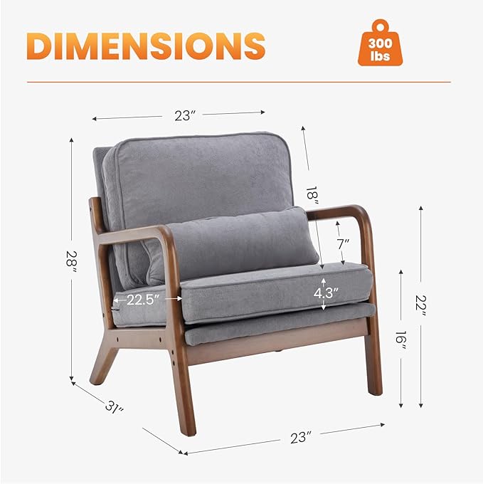 DUMOS Accent Chairs Set of 2Mid Century Modern Chair with Arms and Waist Cushion Reading Chairs for Adults Lounge Chair for Living Room and Bedroom Solid Wooden FrameClassic Grey