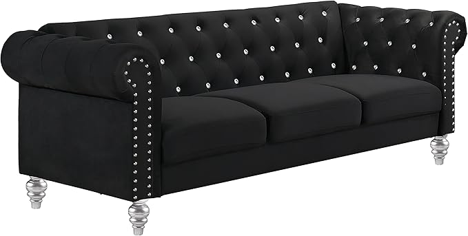 New Classic Furniture Glam Emma Velvet Three Seater Chesterfield Style Sofa for Small Spaces with Crystal Button Tufts Black