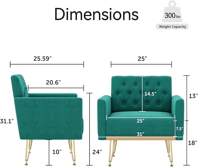 Olela Accent Chair with Arm for Living Room Velvet Modern Armchair Single Sofa Cozy Tufted Upholstered Reading Side Chairs with Gold Metal Leg for Bedroom Decorate