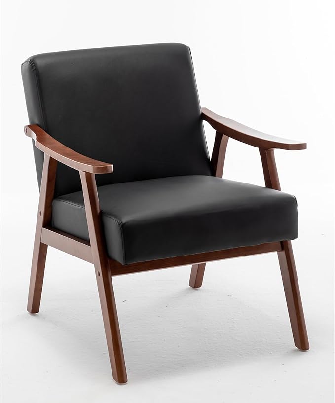 Mid Century Modern Accent Chair with Solid Wood Frame Armchairs with Faux Leather for Bedroom Reading Room Living Room and Lounge Black