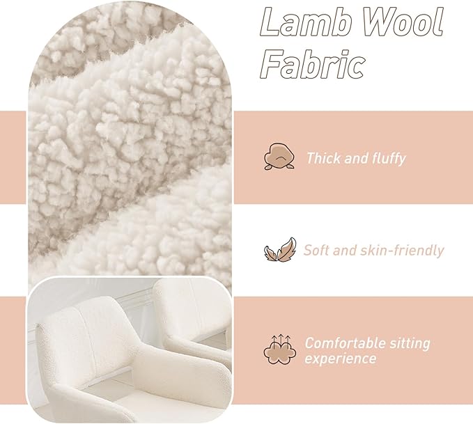 Desk Chair No Wheels Vanity Chair Makeup Chair Comfy Accent Chair for Living Dining Room Bedroom Home Office Mid Century Modern Upholstered Armchair Sofa with Wood Legs (Wool White 1)