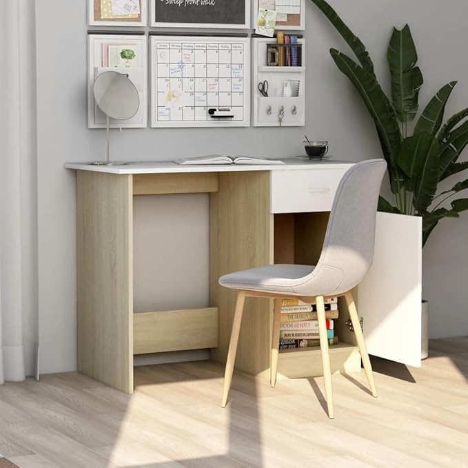 Modern Writing Computer Desk with a Drawer and a Door Home Office Desk Writing Study Table PC Desk Workstation for Bedroom White and Sonoma Oak 39.4x19.7x29.9 Engineered Wood(E)