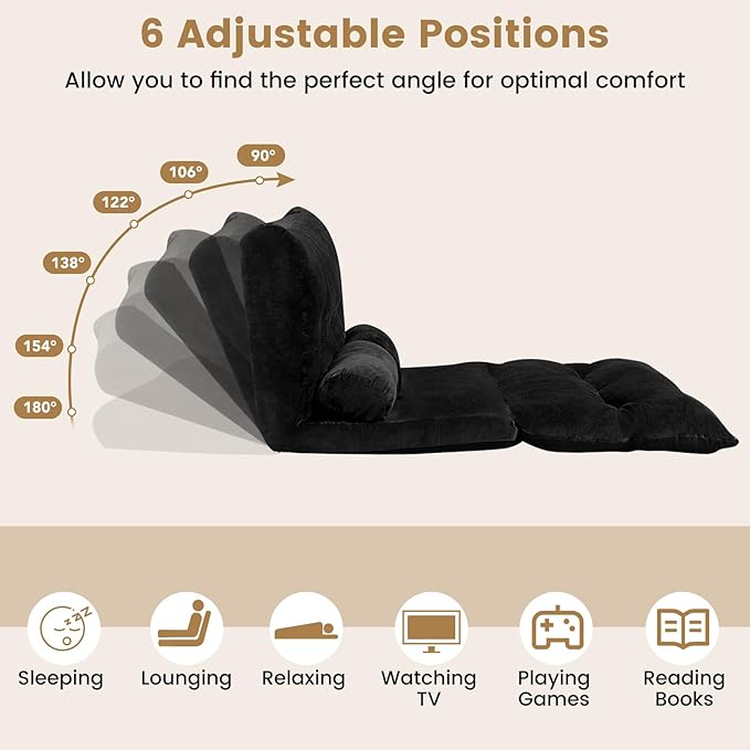 KOMFOTT Foldable Floor Lazy Sofa with 2 Pillows 6-Position Adjustable Reclining Sofa Sleeper Bed Convertible Futon Couch Bed Floor Couch Lounge for Relaxing Reading Playing Gaming (Black)