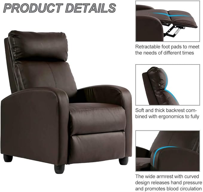 Leather Recliner Chair Living Room Chair Massage Reclining Chair Ergonomic Home Theater Seating Single Recliner Sofa Chair with Pu Leather Padded Seat Backrest for Living Room