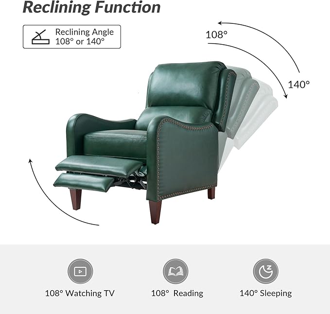 HULALA HOME Genuine Leather Recliner Chair Modern Push Back Recliner Armchair with Thick Seat Backrest &amp Footrest Nailhead Decor for Living Room Bedroom Green