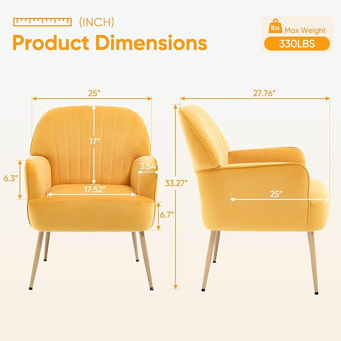 Velvet Accent Chair Mid Century Modern Accent Chairs for Living Room Comfy Upholstered Armchair with Metal Legs for Bedroom/Apartment/Office/Waiting Room Yellow
