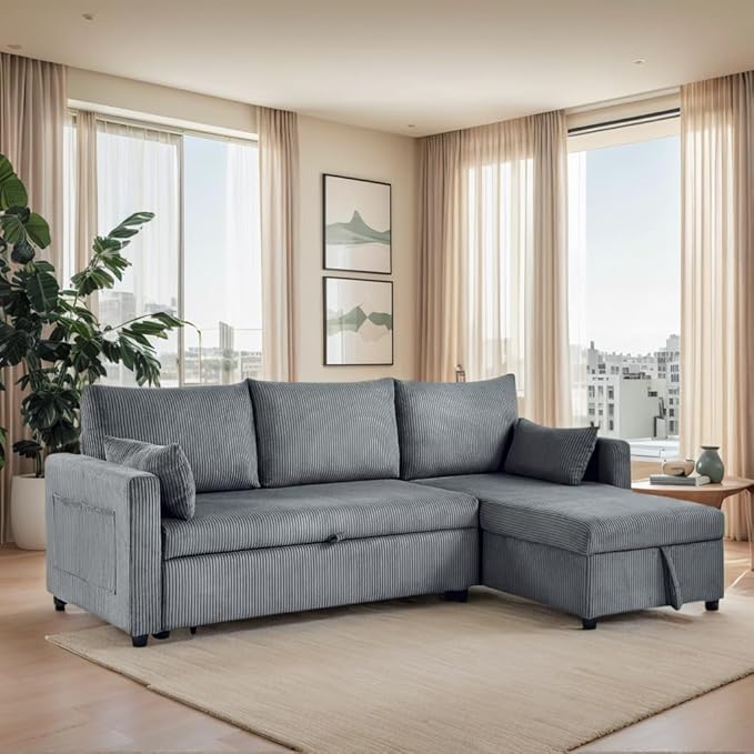 Queen Sleeper Sofa Convertible Sofa Bed with Storage 85 Inch Sectional Couch with Pull Out Bed L Shaped 3 Seat Sectional Sleeper Sofa for Living Room Apartment Grey