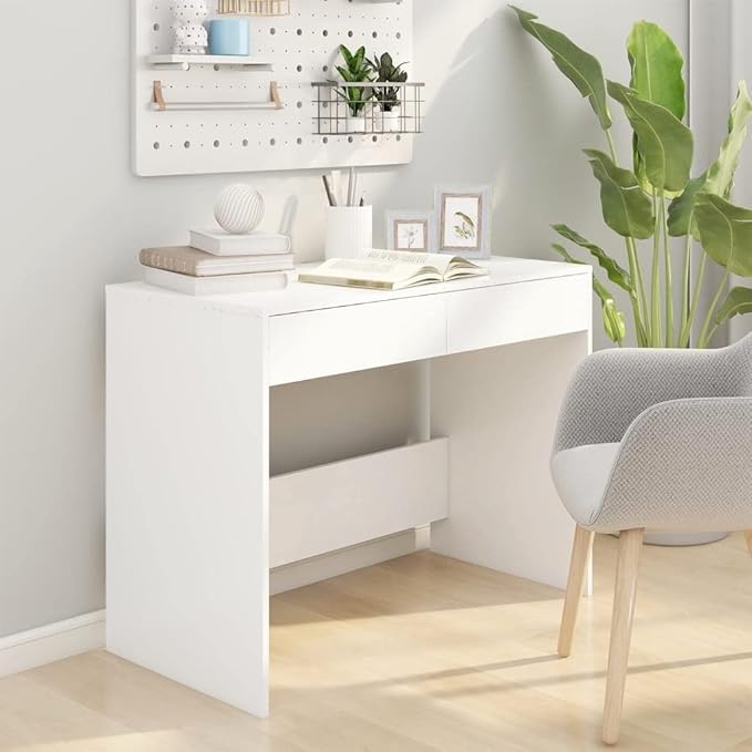 White Engineered Wood Computer Desk 39.8 Rectangular Home Office Table with 2 Storage Drawers Modern Study Workstation for Small Spaces