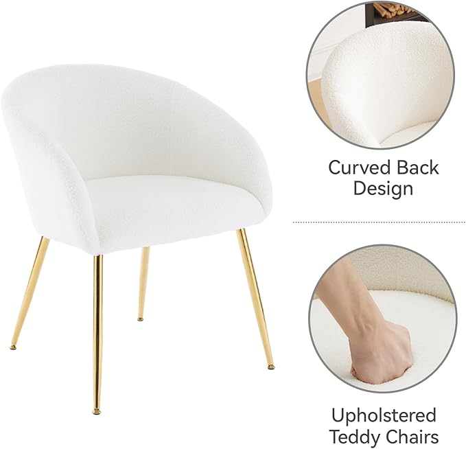 Modern Vanity Chair Living Room Chair with Gold Metal LegsTeddy Fabric Dining Chair Comfy Accent Chair for Makeup Room Waiting Room Dressing Room Bedroom Dining Room Home Office (White 2PCS)