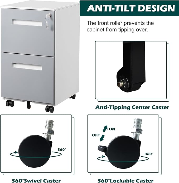 2 Drawer Mobile File Cabinet with Lock &amp Wheel Under Desk Rolling Vertical Filing Cabinet Anti-Tipping Design Metal Storage Cabinet for Legal Letter A4 (Gray)