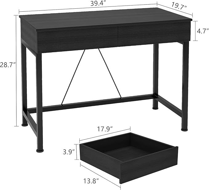 CAIYUN Small Computer Desk with Drawers 39.4 Inch Home Office Desks with Storage Simple Modern Kids Desk Vanity Desk for Bedroom Work Study Writing Desk Table for Small Spaces (Black Wooden)