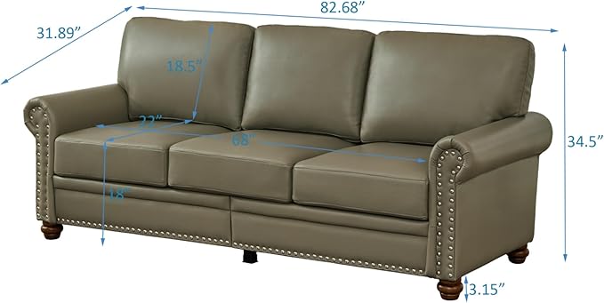 KEIKI 82.68 Chesterfield Sofa Retro Style Upholstered Faux Leather PU Couch with Storage Space Rolled Arm Nailhead for Living Room Bedroom Office Apartment Gray