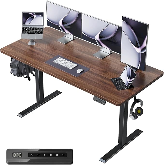 FEZIBO One-Piece Standing Desk Adjustable Height Stand up Home Office Desk 60x24 Inch Electric Standing Computer Desk with 4 Memory Presets Headphone Hook Black Walnut