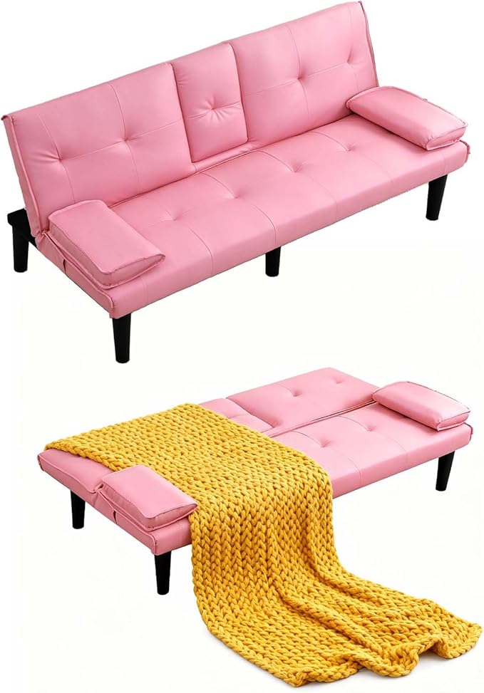 67 Futon Sofa BedConvertible Sofa Bed with 2 Cup HoldersSleeper Couch PVC Leather Removable Soft Armrest Small Couch for Living Room Apartments ﻿ (Pink)