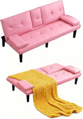67 Futon Sofa BedConvertible Sofa Bed with 2 Cup HoldersSleeper Couch PVC Leather Removable Soft Armrest Small Couch for Living Room Apartments ﻿ (Pink)