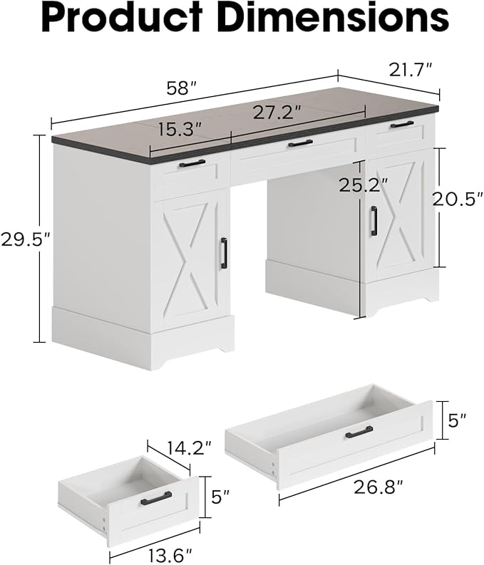 HOPUBUY Farmhouse Executive Desk with File DrawersWood Home Office Desk w/Charging StationAdjustable Storage CabinetsWhite Computer Writing Desk for WorkStudy