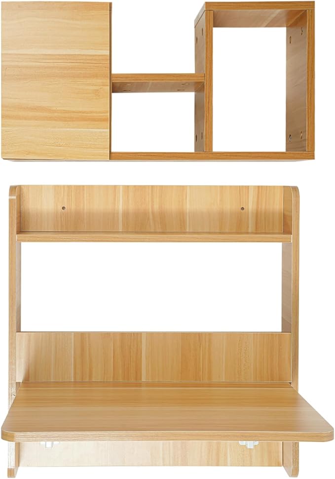 Wall Mounted Folding Table with BookshevesFloating Desk with BookcaseWooden Fold Down Laptop Table for Small SpaceHome Office BedroomStudy RoomDormWood Color