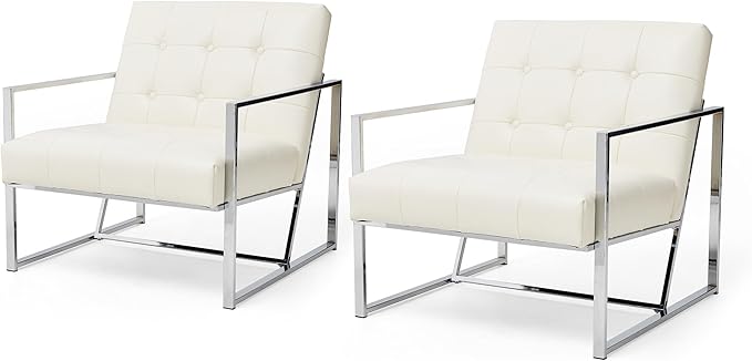 Glitzhome Mid Century Modern Accent Chairs Set of 2 Modern Living Room Chairs with Durable Metal FramePU Leather Cushioned Reading Armchairs for Living Room Bedroom Home Office Off White