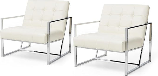 Glitzhome Mid Century Modern Accent Chairs Set of 2 Modern Living Room Chairs with Durable Metal FramePU Leather Cushioned Reading Armchairs for Living Room Bedroom Home Office Off White