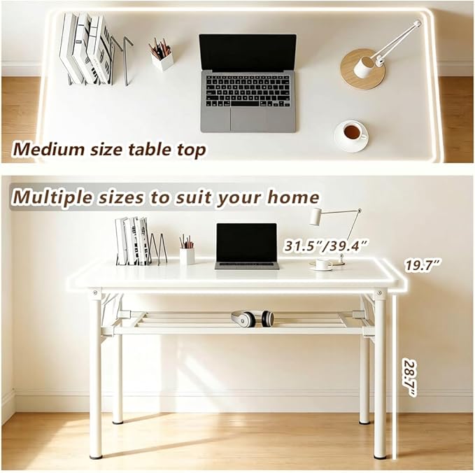 Folding Desk for Small Spaces 31.5 Inch Foldable Computer Desk No Assembly Required Space Saving Portable Study Table for Compact Home Office Bedroom Dorm Apartment White