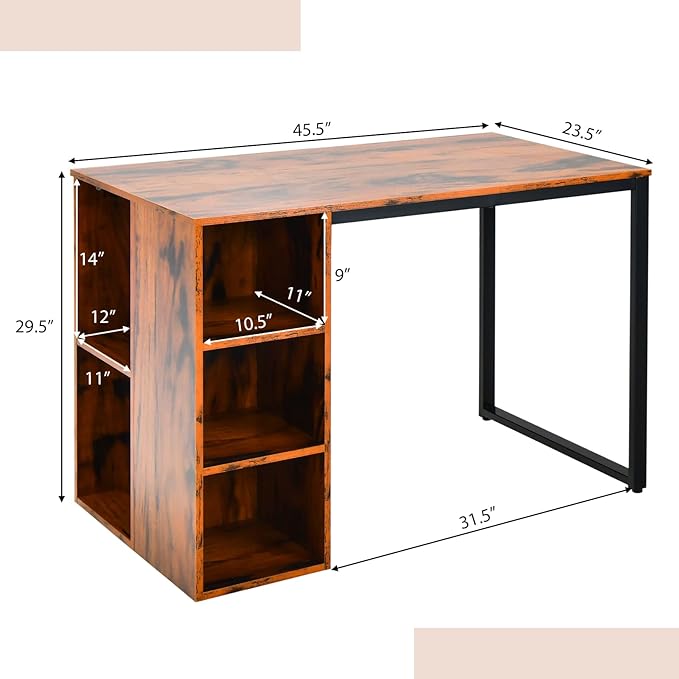 Computer Desk with Storage Writing Desk with 5 Open Shelves &amp Metal Frame Work Desk for Home Office Study Desk for Bedroom Small Desks for Small Spaces (Rustic Brown)