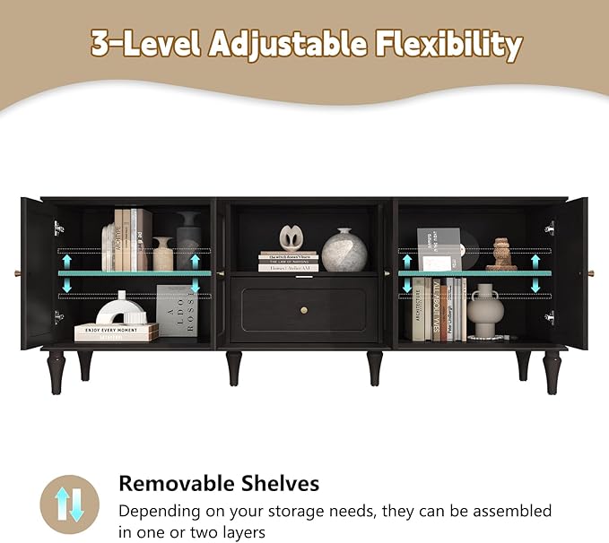 ARTPOWER 67'' Mid-Century Modern TV Stand with Storage Drawer and Doors Long TV Stand with Adjustable Shelves for 75 Inch TV for Living Room Bedroom Black