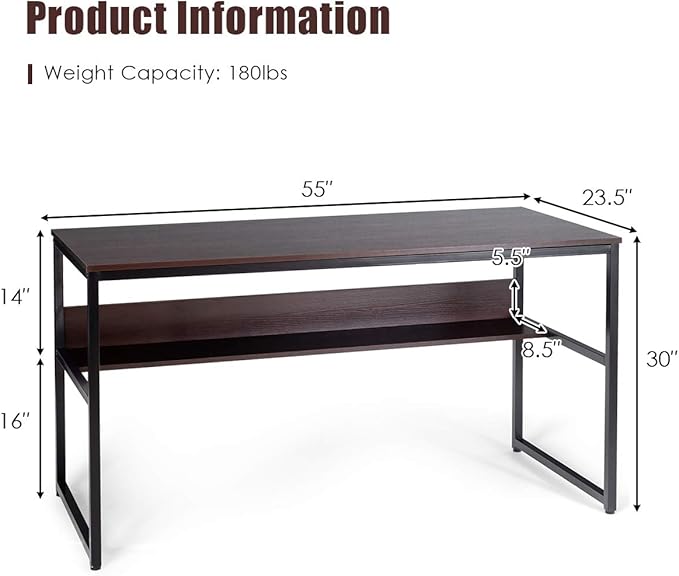 DORTALA 55 Industrial Computer Desk Contemporary Writing Table w/Storage Shelf Large Tabletop Sturdy Metal Structure Adjustable Foot Pads