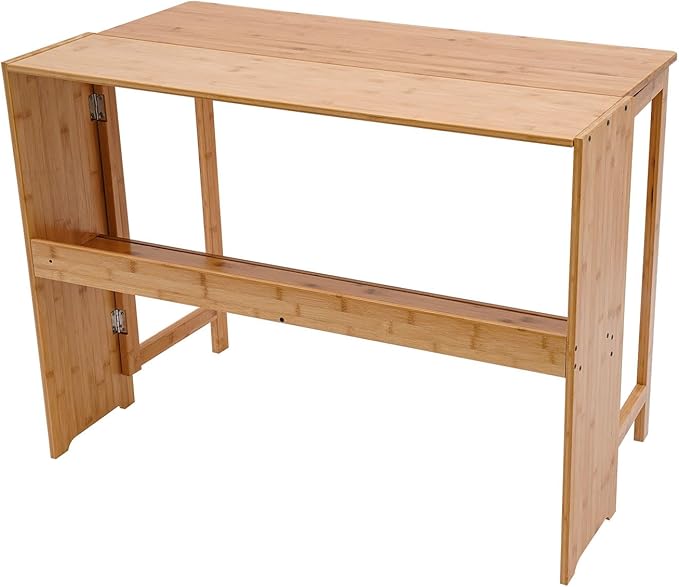 Modern Folding Desk Small Computer Table Writing Desk Laptop Desk Vanity Table Bamboo Workstation with Bookshelf for Home Office
