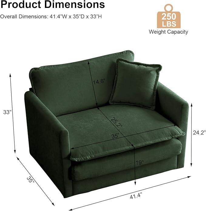 KIVENJAJA Chenille Single Sofa Chair 41.4”W Oversized Accent Chairs Modern Upholstered Deep Seat Comfy Armchair with Pillow for Living Room Bedroom Office Apartment Green