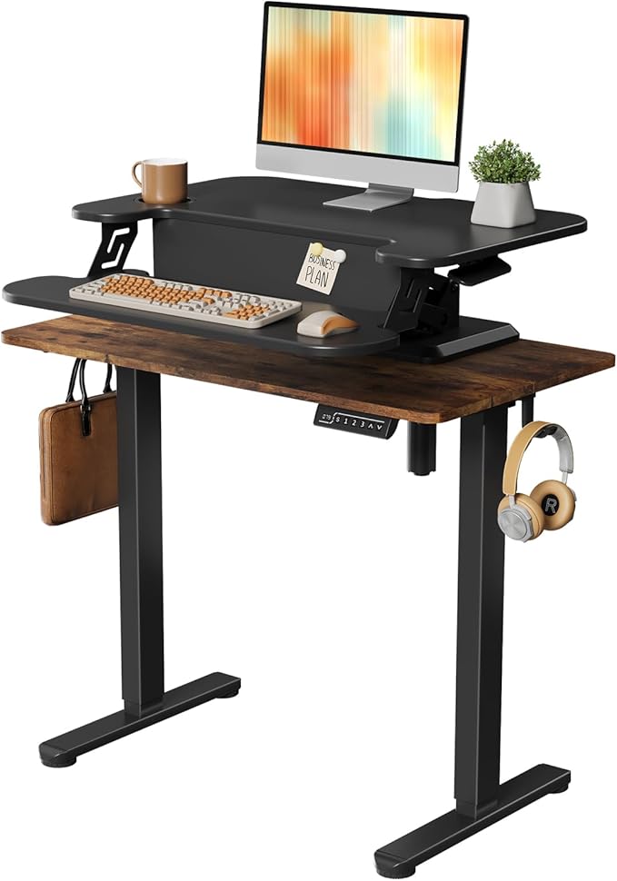 35 Small Standing Desk with Clamp-on Desk Converter Desktop Riser with Keyboard Tray Add on Home Office Desk Rustic Brown