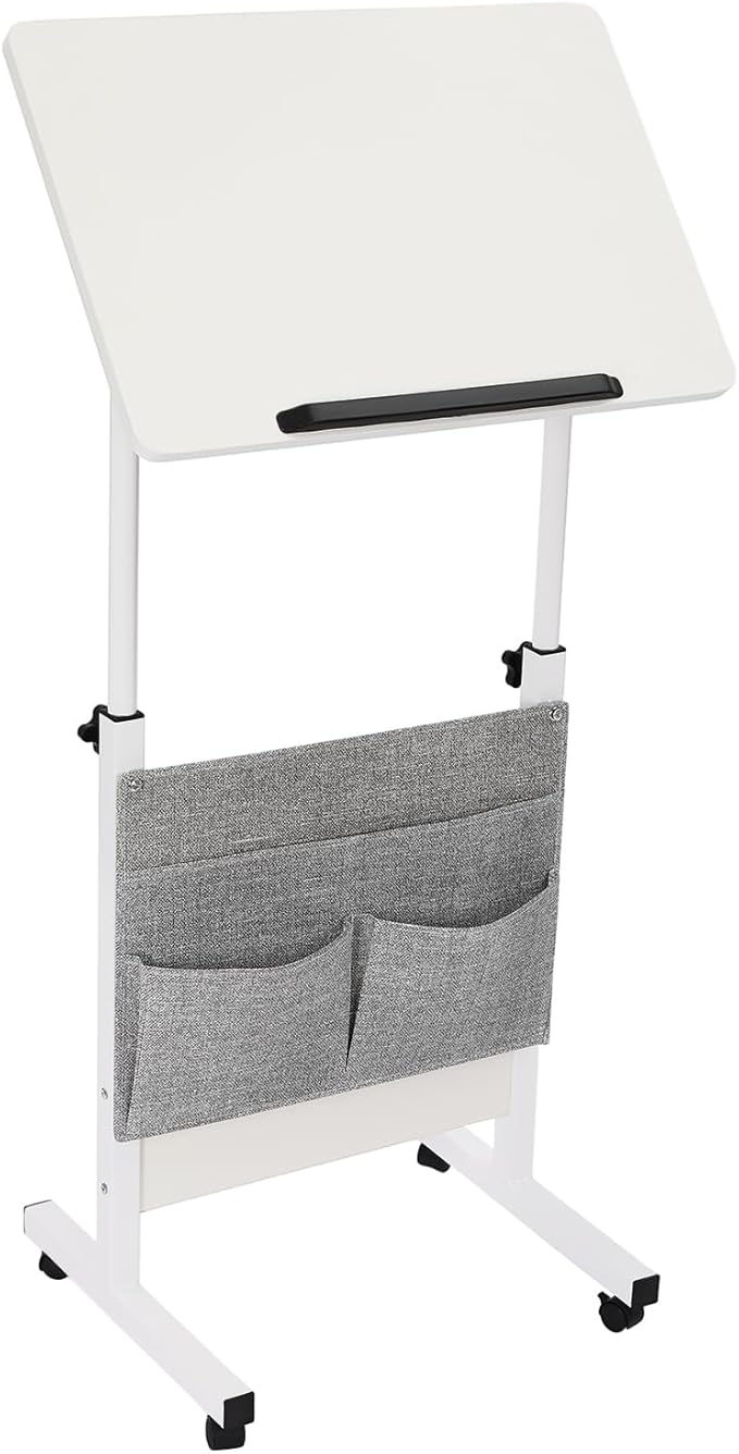 Adjustable Height Standing Desk Portable Mobile Laptop Desk Rolling Computer Stand w/Storage Bag and 360° Swivel Wheels for Small Spaces and Home Offices (White Adjustable Height:32-47in)