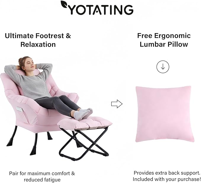Lazy Chair with Ottoman Modern Accent Leisure Sofa Chair with Footrest Stool &amp Throw Pillow Modern Lounge Chair with Armrests for Living Room Pink