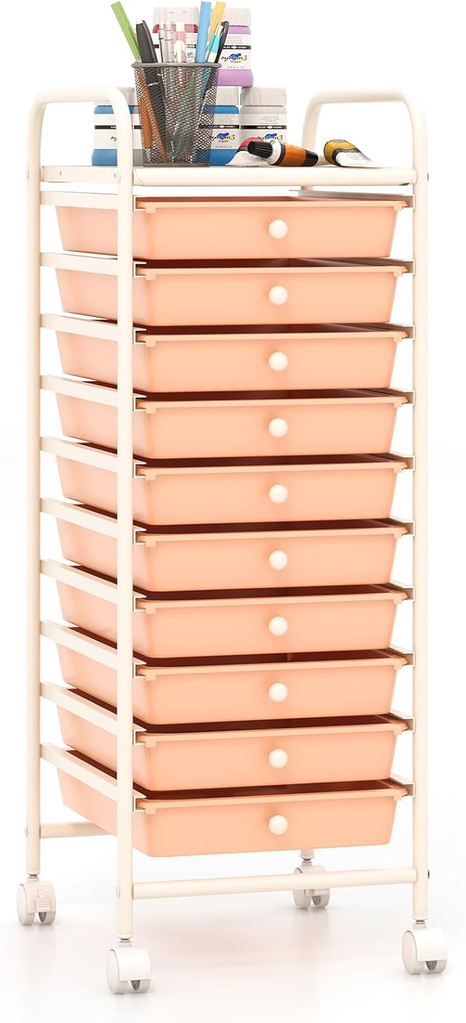 Giantex 10-Drawer Storage Cart w/Universal Wheel Rolling Cart w/Handle Home Organizer Storage Unit w/Removable Drawers Trolley Utility Cart for Kitchen Makeup Living Room Office Play Room