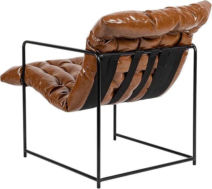 GIA Mid Century Modern Sling Accent Chair for Living Room Bedroom and Office Set of 2 Upholstered in Brown PU Leather with Black Metal Base