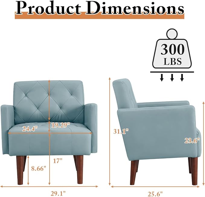 Leather Accent Chair Mid Century Modern PU Leather High Back Armchair for Living Room Chairs with Solid Wood Legs for Small Spaces Bedroom Office (Blue 29.1 x 25.6 x 31.1)