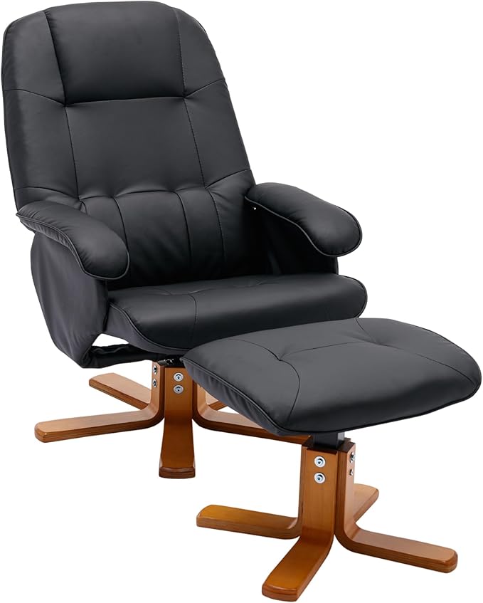Recliner Chair with Ottoman Swivel Recliner Chair with Wood Base for Livingroom Bedroom Faux Leather BeigeBlack