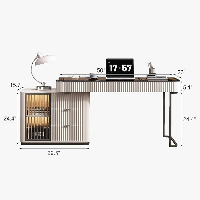 Lartis Office Desk Very Easy to Assemble Computer Desk Home Telescopic Writing Desk Modern Computer Desk with Retractable Cabinet Built-in LED Lights (Ivory 50 in)