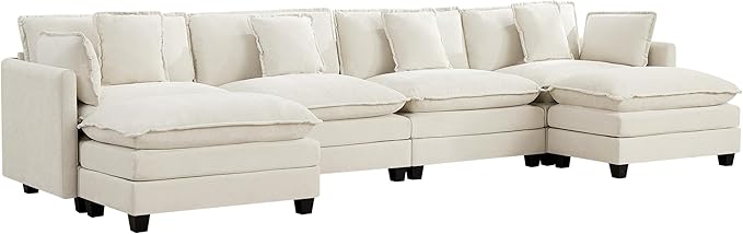 4-Seater Cloud Couch with 2 Ottomans Extra-Large Modular Sectional U Shaped Sofa with Deep Seat Cushions Chenille Couch for Living Room Beige
