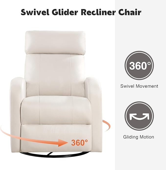 Swivel Rocker Recliner Chair Manual Faux Leather Recliner Glider Rocking Recliners 360°Swivel Nursery Reclining Chairs with Adjustable Headrest Highback for Living Room Cream