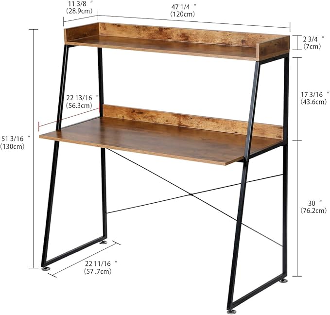 DESIGNA 48 Inch Ladder Desk with Storage Shelves 2-Tier Home Office Students Study Writing PC Computer Gaming Table with Bookshelf Modern Workstation for Small Space Saving Metal Frame Rustic Brown