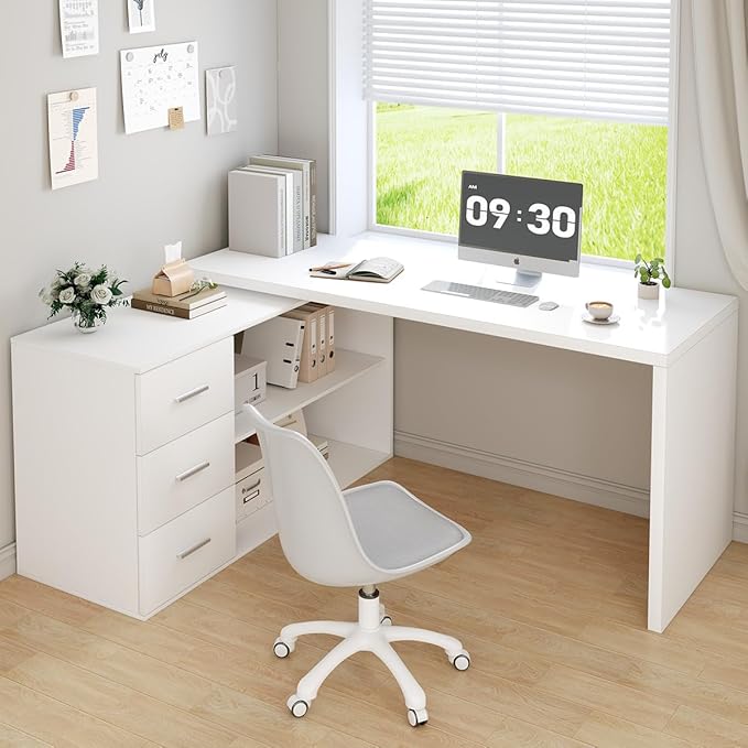 HSH White L Shaped Desk with Drawers Shelves Corner Home Office Desk L Shape with Storage Cabinet Large Wood Computer Desk for PC Executive Work Writing Study Modern Living Room Bedroom Table60 In