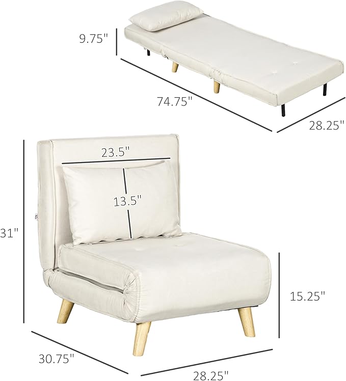 Convertible Chair Bed 2-in-1 Multi-Functional Sofa Bed Sleeper Chair with Adjustable Backrest for Living Room Bedroom Home Office Beige