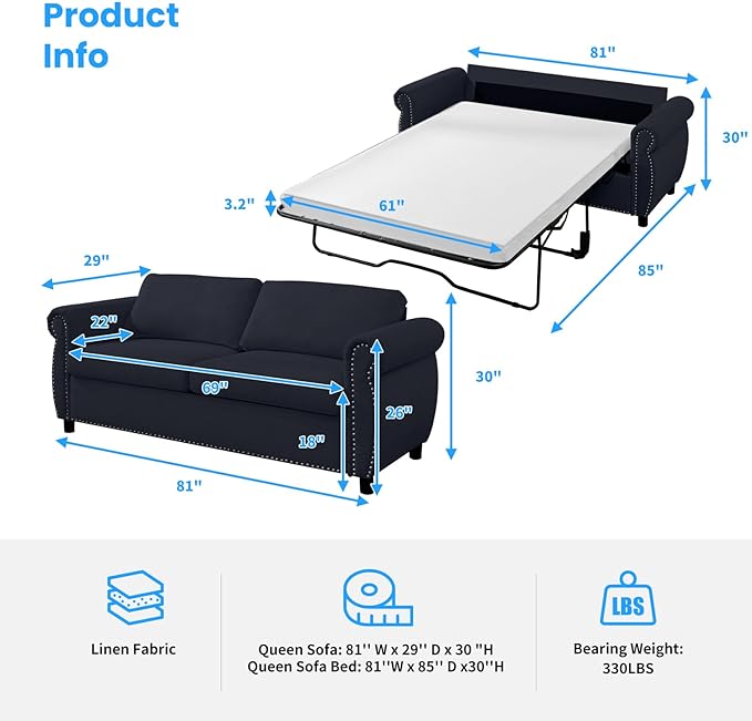 CECER Queen Size Pull Out Sofa Bed 2 in 1 Sleeper Sofa Convertible Couch Bed with Foldable Mattress Pull Out Couch Bed with Upholstered Nailhead for Living Room Apartment-Grey
