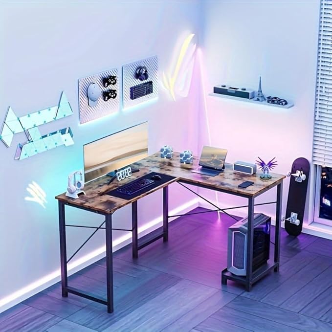 infiniPower L Shaped Desk Gaming Computer 50 Inch Reversible Corner Table PC Work Table for Writing Study Student with Wood Tabletop Metal Frame CPU Stand Side Bag for Home Office Small Place