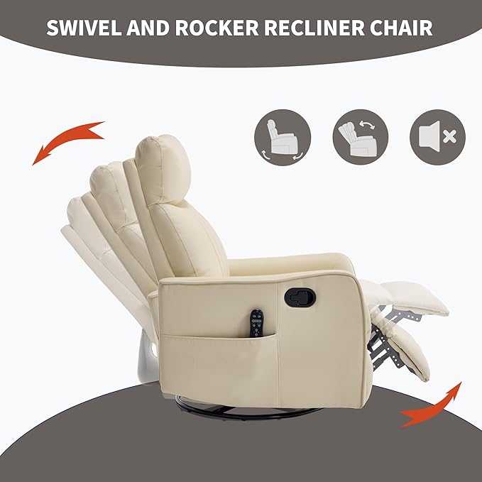 High Back Massage Recliner with Heat - Swivel Rocking Chair for Small Spaces Manual Lazy Boy Recliner for Adults Perfect for Living Room &amp Bedroom Soft Fabric (Beige FL)